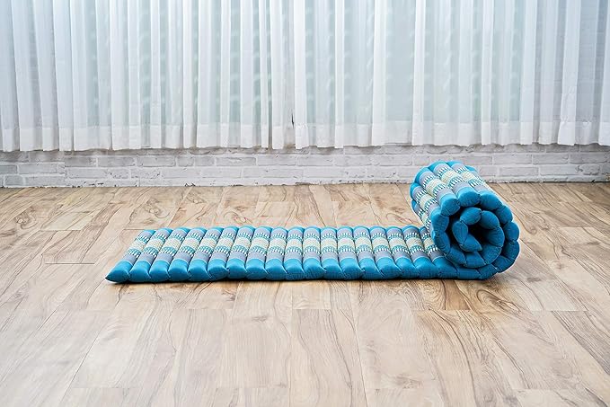 Leewadee - Foldable Floor Mattress - Japanese Roll Up Futon -Trifold Tatami Mat- Guest Floor Bed - Camping Mattress - Thai Massage Mat, Kapok Filled, 75 x 20 inches, Light Blue
