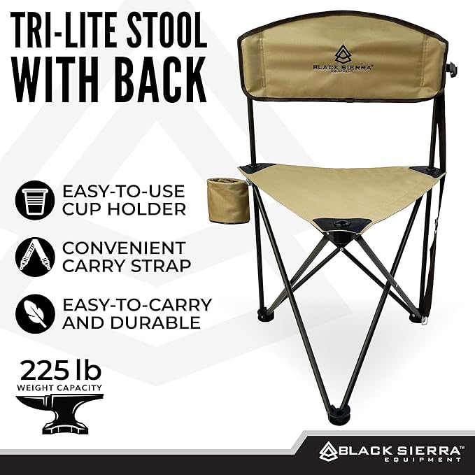 Black Sierra XL Trip-Lite Hunting Stool w/Backrest, Lightweight Portable Fishing Chair w/Cupholder and Carry Strap, Supports 225 Lbs, Portable Outdoor Chair for Hunting, Camping, Travel, Hiking