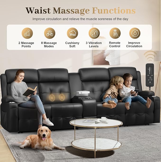 Aotolo Recliner Sofa, Massage Reclining Sofa 4 Seater Sets Heavy Weight Capacity, RV Loveseat Couch Clearance with Console, USB, Type C Port, Storage, Cup Holders, Wall Hugger Chair for Living Room
