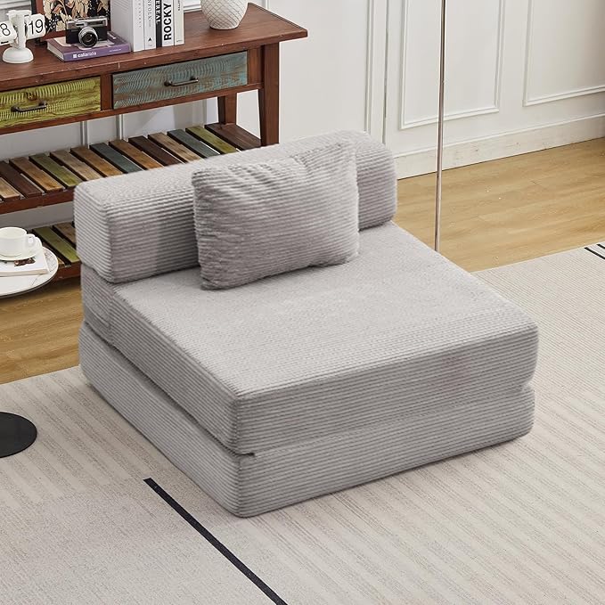 Folding Sofa Bed, Convertible Sleeper Chair with Pillow, Single Sofa with Back Support, Portable Fold Out Chair Cloud Couch Bed, Comfy Floor Sofa Lounge for Living Room Bedroom, Light Grey