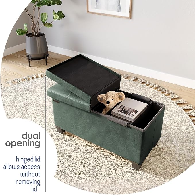 Storage Ottoman Bench with Bins, 30-in Storage Bench for Bedroom End of Bed, Folding Foot Rest Ottoman for Living Room Max 660lbs, Faux Leather Ottomans, Green