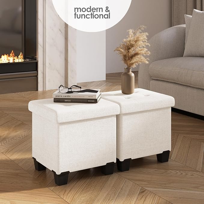 Storage Ottoman Cube with Small Bin, 16-in Square Ottoman with Storage for Living Room and Bedroom, Small Ottomans Foot Rest, Fabric Foot Stools Ottomans Max 330lbs, Cream