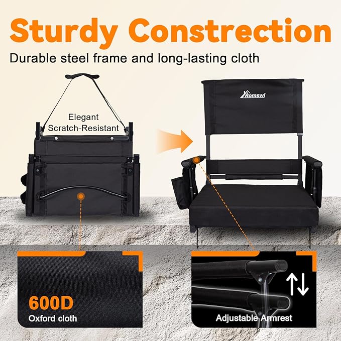 Romswi Stadium Seat with Height Adjustable High Back & Lumbar Support, 2-Pack Bleacher Chairs with 2 Height Adjustments, Armrests & Cup Holders, Comfortable & Portable, Black