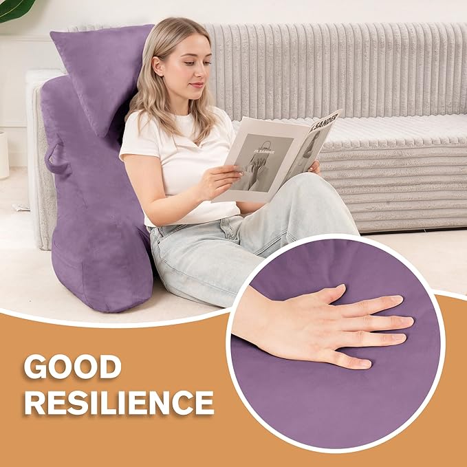 Unisakey Portable Reading Pillows with Headrest for Bed Sitting Up(Lavender Purple Oeko-Tex), Velvet Back Pillow with Arms & Pockets for Adults, Support Memory Foam Bed Pillow for Dorm/Reading/Gaming