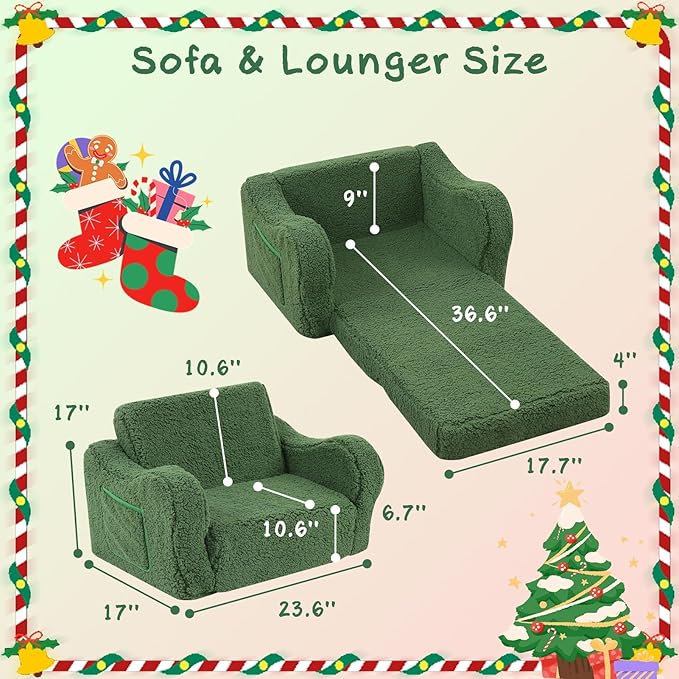 Kids Sofa, 2-in-1 Flip-Out Foam Couch with Soft Sherpa Cover, Cozy Play Lounge Chair, Green