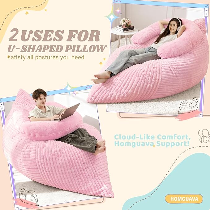Homguava Giant Bean Bag Chair for Adults with Pillow, 4 in 1 Convertible Floor Cushion for Adluts, Memory Foamed Bean Bag Lounger with Washable Cover for Living Room, Bedroom