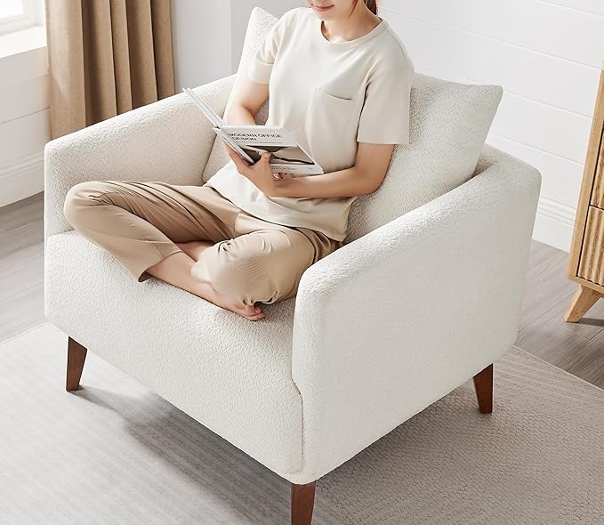 VANOMi Oversized Accent Chair, Set of 2, 37" Wide Boucle Armchair with Solid Wood Legs, Modern Accent Chair for Living Room Bedroom Office, Cozy Reading Chair, Easy Assembly, White