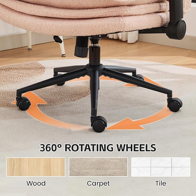 Criss Cross Chair with Flip-up Arms, Wide Criss Legged Chair with 3 Layer Cushion, Ergonomic Office Desk Chair with Wheels, Swivel Vanity Chair for Office, Living Room, Bedroom, Boucle Pink