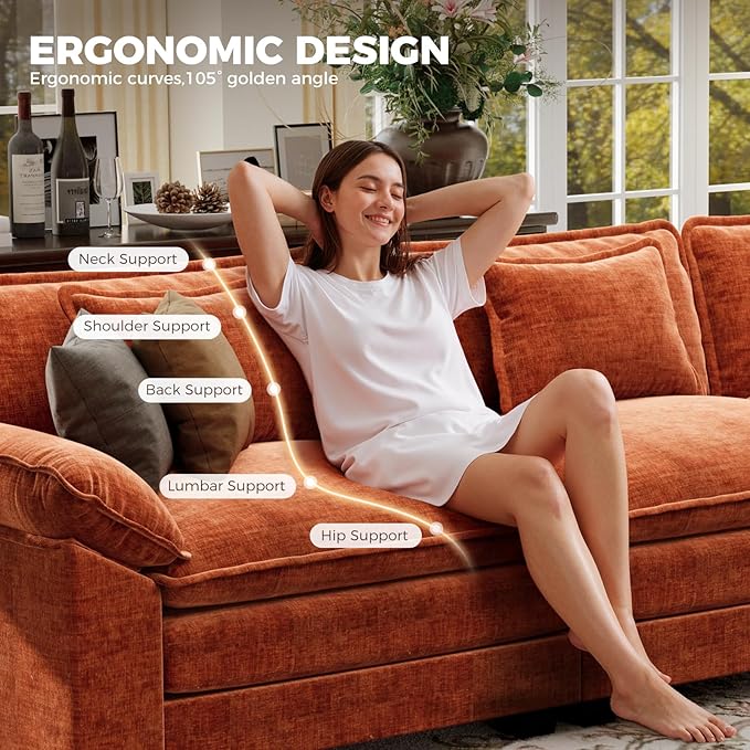 CDCASA 120" Oversized Modular Sectional Sofa Bed, Comfy Cloud Couch w/ 3 Movable Ottomans, 6-Seater Chenille Deep Seat Sofa Bed Modern Sofa Couch for Living Room, DIY Combination, Terracotta Orange