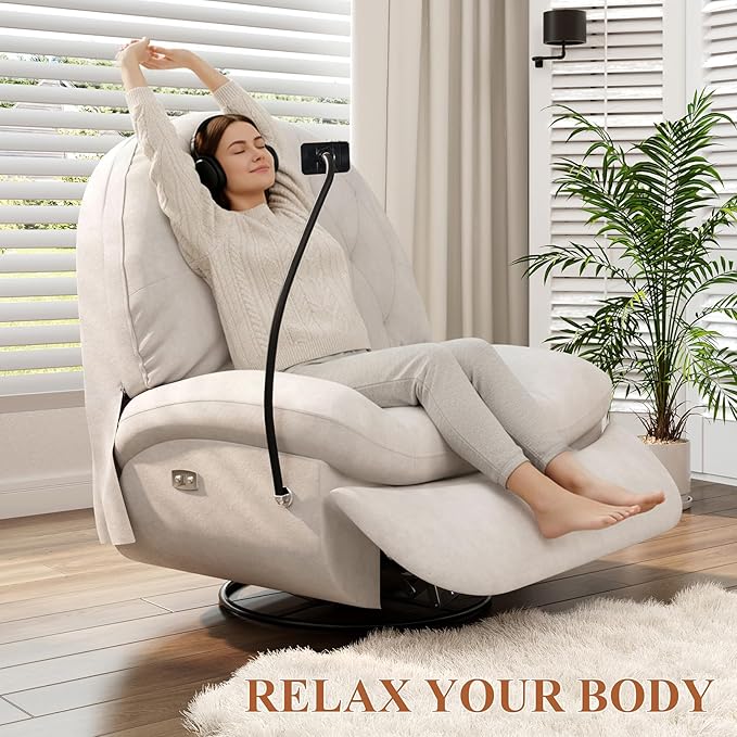 Power Recliner Chair - Reclining Sofa with USB Charging 270° Rocking 330 lbs Capacity Snow Velvet Fabric Rocker Recliner for Adults & Elderly Glider Rocking Chair for Living Room and Bedroom