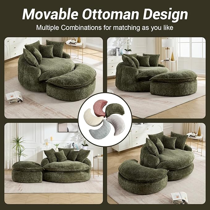 54" Oversized Round Chaise Lounge Indoor Boneless Bean Bag Chair with Movable Ottoman Fluffy Comfy Reading Chair Large Circle Cloud Couch Sleeper Sofa Bed for Living Room, Bedroom, Apartment, Green