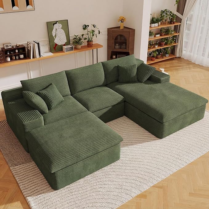 107" Cloud Sectional Couch with U-Shaped Chaise,Corduroy Viral Boneless Sofa with Ottoman,Memory Foam Couches in a Box with Deep Seat for Living Room,No Assembly Required (Green,Right-Facing Chaise)