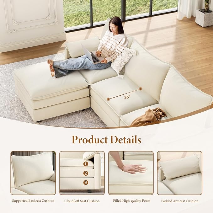 Vesgantti 142" Oversized Sectional Sofa Bed, 8-Seater Modular Sleeper Cloud Couch with Movable Ottoman, Chenille Convertible Sofa Set Deep Seat Couches for Living Room, Bedroom and Apartment, Beige