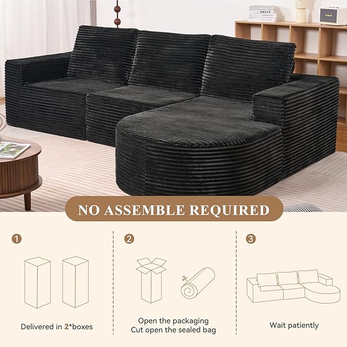 Modular Sectional Sofa with L-Shape Chaise,Cloud Sectional Modern Sleeper Couch with Deep Seat,Sponge Compression Sofas No Assembly Required (Black-Corduroy Fabric) 1PCS
