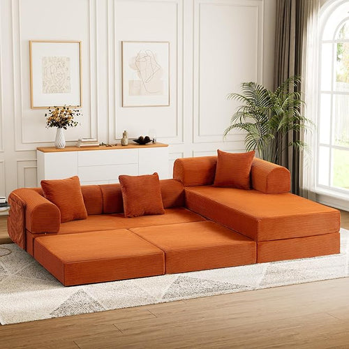 106.3" Oversized Convertible Sleeper Sofa Bed, L Shape Modular Sectional Cloud Sofa with Fixed-Shape Frame, Boneless Couch with Storage Pocket for Living Room, No Assembly Required, Orange