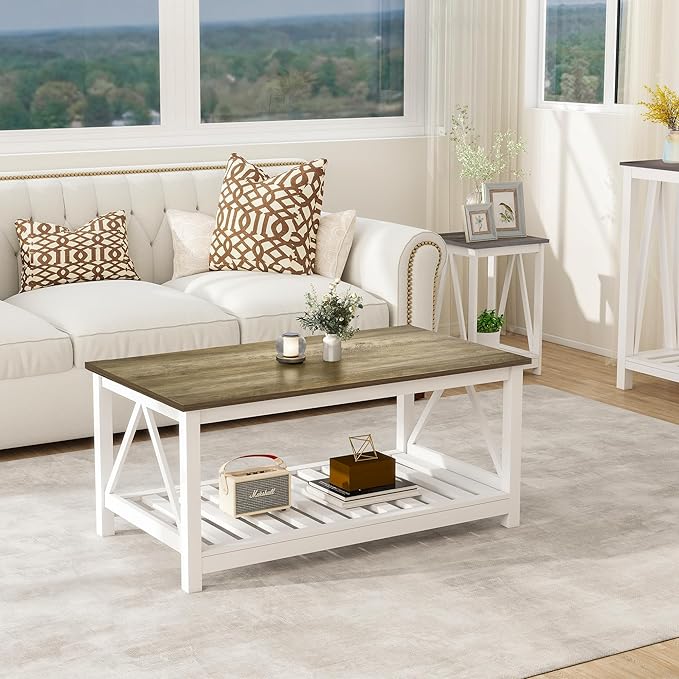 UYIHOME Farmhouse Coffee Table for Living Room, 2-Tier Rectangular Wooden Centre Cocktail Table with Slats Shelf Storage and V-Shaped Frame (Walnut Top)