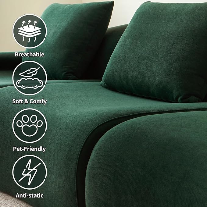 Boneless Couch for Living Room-114 Green Cloud Couch with Movable Ottoman,L-Shaped Comfy Sofa for Bedroom,No Assembly Required,Low -Profile Sofa