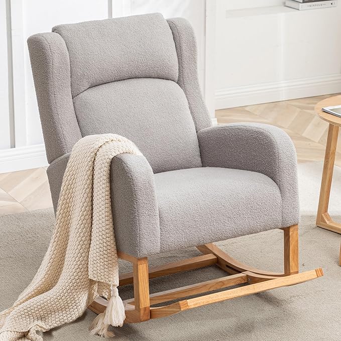 HCHAIRH Rocking Chair Nursery, Nursing Rocking Chairs for Mom Nursery, Comfy Wingback Glider Rocking Armchair with Foot Rest and Side Pocket for Nursery Living Room Bedroom, Teddy Grey