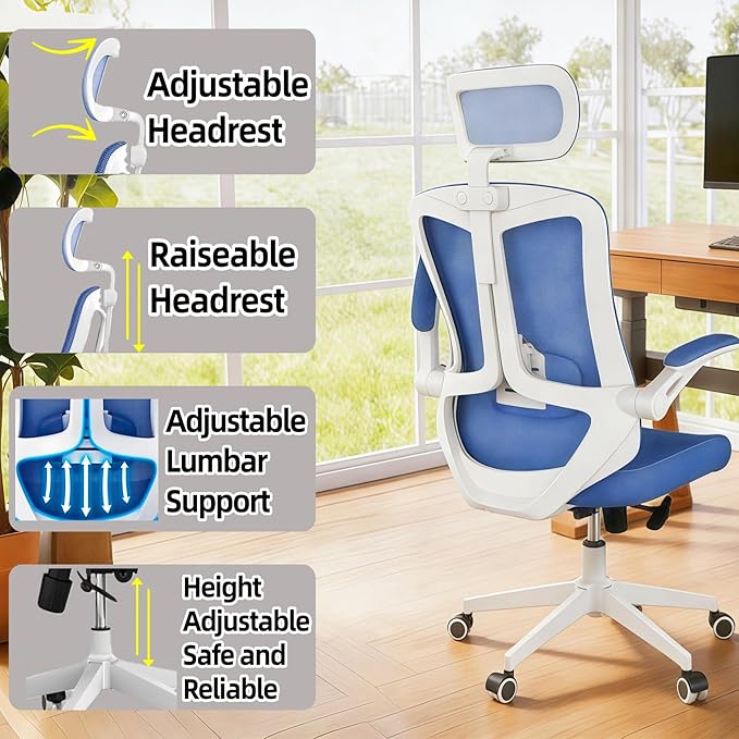 Ergonomic Office Chair - 400LB Comfy Desk Chairs with Adjustable Headrest and Lumbar Back Support, Mesh Computer Chairs with Wheels and Arms for Home Office, Study (Blue-with Headrest)
