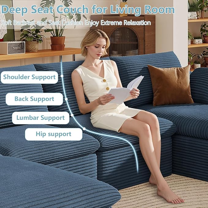 136" Cloud Sectional Couch with U-Shaped Chaise,Corduroy Viral Boneless Sofa with Ottoman,Memory Foam Couches in a Box with Deep Seat for Living Room,No Assembly Required (Blue,Right-Facing Chaise)