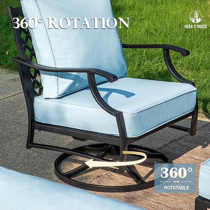HERA'S HOUSE Outdoor Chairs Set of 2, 2 x Patio Chair with Blue Cushions, All Weather Outdoor Furniture for Lawn Garden Backyard Deck(Swivel Chairs)