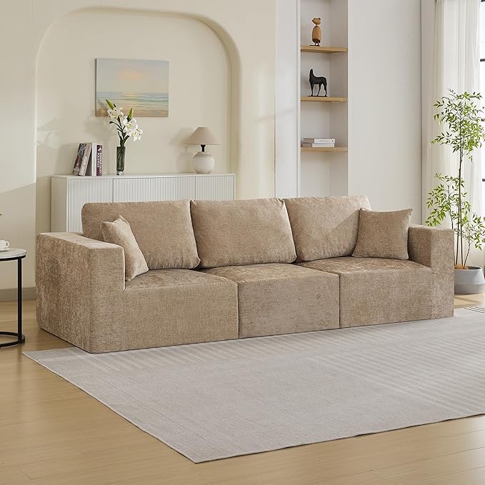 115'' Comfy Boneless Couch, Upholstered Deep Seat Modular Cloud Sofa, No Assembly Chenille Compression 3 Seater Sofa Couch for Living Room, Camel