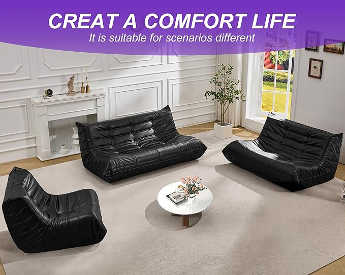 Hobestluk Bean Bag Chair Giant Bean Bag Sofa 2 Seater Bean Bag Chairs for Adults, Loveseat Floor Chair, Leather Bean Bag Chairs for Living Room Bedroom Dorm (Black, Loveseat)