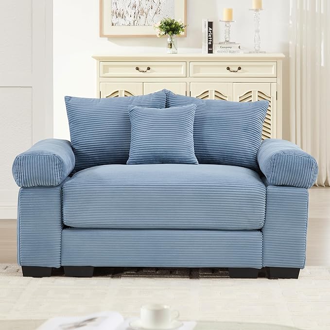 KEIKI 54" Oversized Corduroy Modular Sectional Single Sofa with High-Density Foam Cushions, Extra-Thick Armrests, Upholstered Modern 1-Seater Lounge Accent Chair with 3 Pillow, for Living Room, Blue