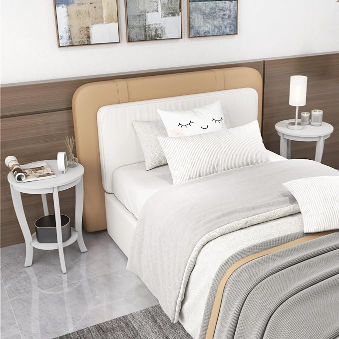 GOFLAME 2-Tier Round End Table Set of 2, 18” Sofa Side Table with Storage Shelf, Floor Tea Table with Solid Wood Legs, Compact Nightstand for Small Space, Living Room, Bedroom, White