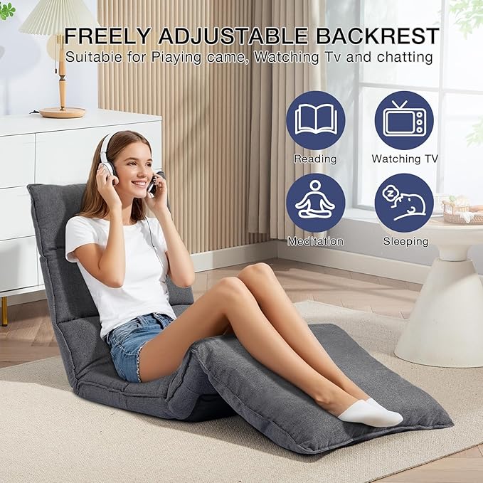 KAGMII Fabric Folding Floor Chair - 14-Position Adjustable Recliner for Reading, Gaming, and Ultimate Relaxation - Sleek Modern Design for Bedroom or Living Room (087 Gray)