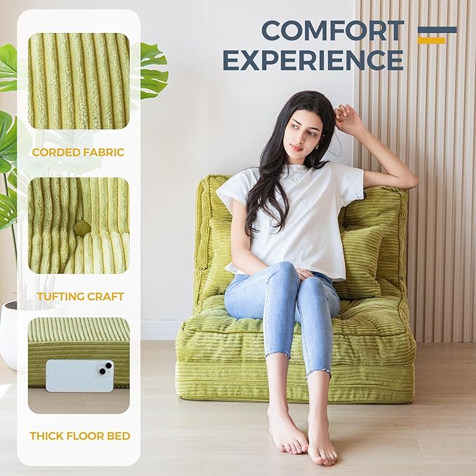 MAXYOYO Bean Bag Bed Tufted Folding Sofa Bed with Pillows Floor Mattress for Adults, Extra Thick and Long Floor Sofa, Single Couch for Bedroom Living Room, Green, 30x91 Inch