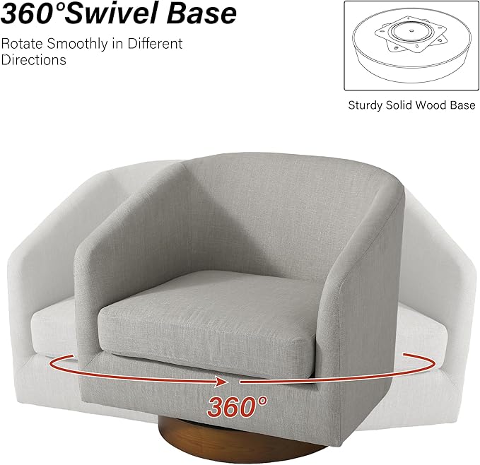Swivel Barrel Chair, Modern Round PU Leather Accent Armchair for Living Room, Bedroom, Oversized Comfy Club Reading Chairs for Adults (Fabric Khaki, Set of 1)