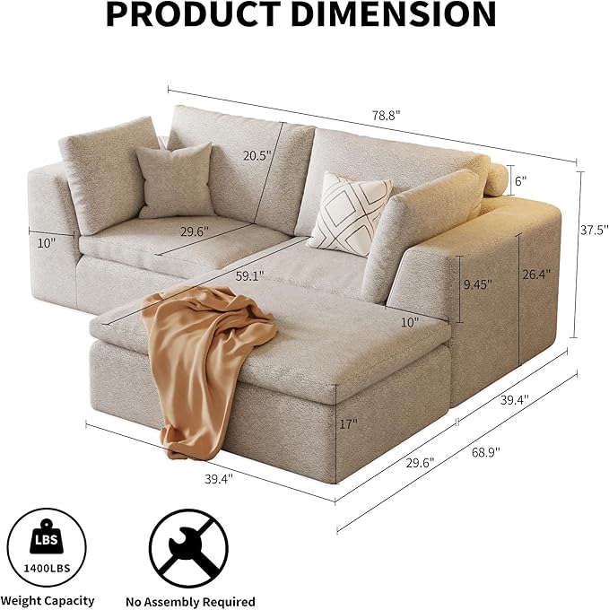 OTSLTSOO Cloud Couch Loveseat, 79" Boneless Deep Seat Sofa with Ottoman, 2-Seater Modular Ergonomic Couch for Living Room, Memory Foam Comfy Sofa No Assembly Required (Beige,1 Ottoman)