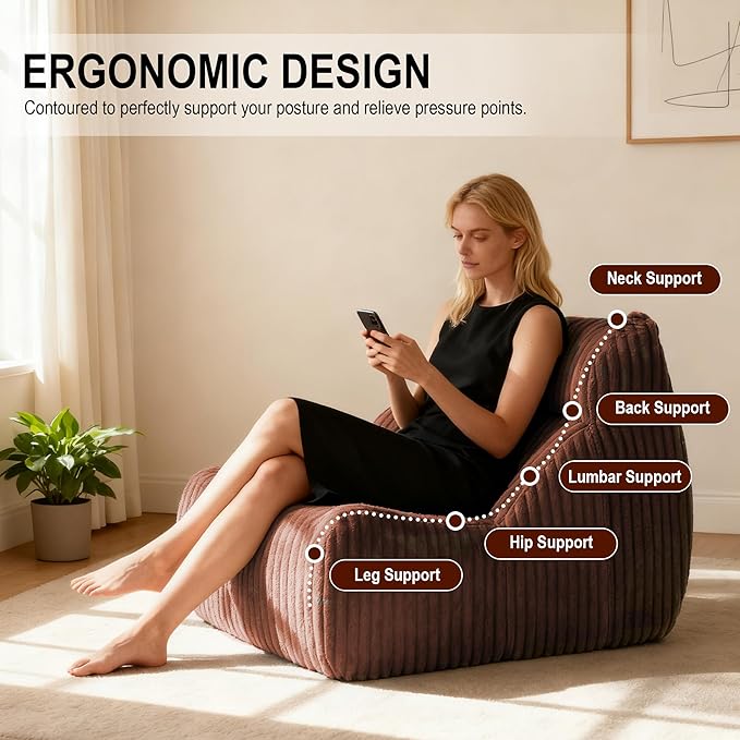 Bean Bag Chairs, Giant Bean Bag Chair for Adults, Memory Foam Lounge Chair, Comfy Lazy Floor Chair, Bean Bag Sofa for Living Room, Bedroom and Office, Single Bean Bag (Brown)