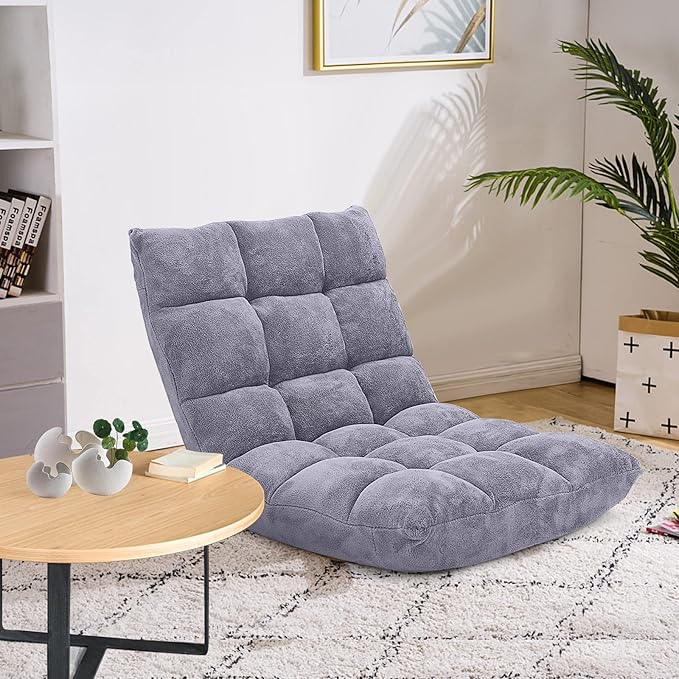 COSTWAY Floor Chair, Video Gaming Chairs with Back Support, Adjustable 14-Position, Alloy Steel Frame, Soft Coral Fleece, Lazy Sofa Lounge for Reading Living Room Recliner for Adults Kids, Grey