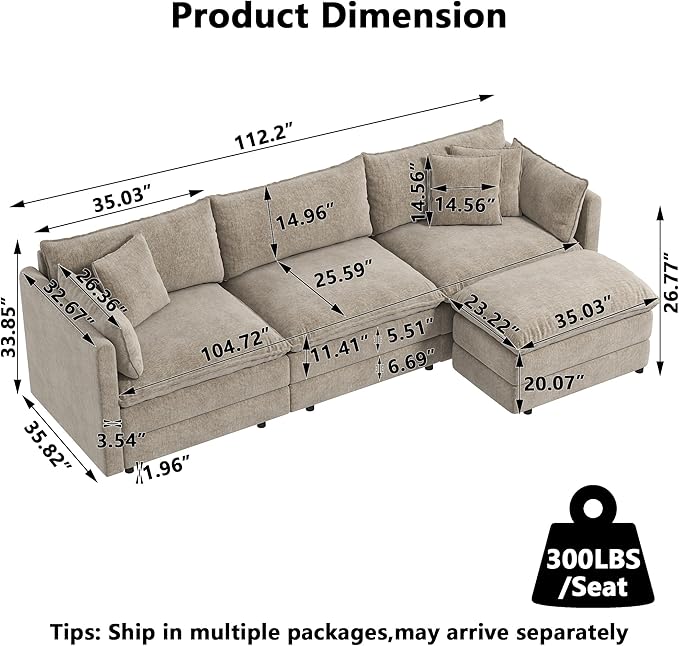 Aoowow Modular Sectional Sofa Modern Convertible L Shaped Couch,112.2 Inch Deep 3-Seater Sofas Set Comfy Chenille Cloud Sofas and Couches with Movable Ottoman for Living Room Apartment（Camel）