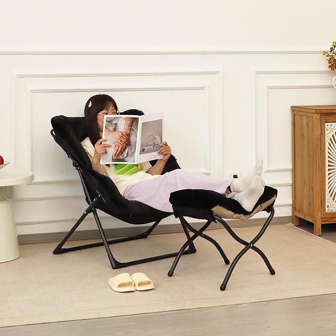Comfy Saucer Chair for Adults, Soft Faux Fur Bedroom Chair with Ottoman, Accent Dorm Chairs, Living Room Reading Chairs and Footstool, Folding Lounge Seat for Teens, X-Large, Black