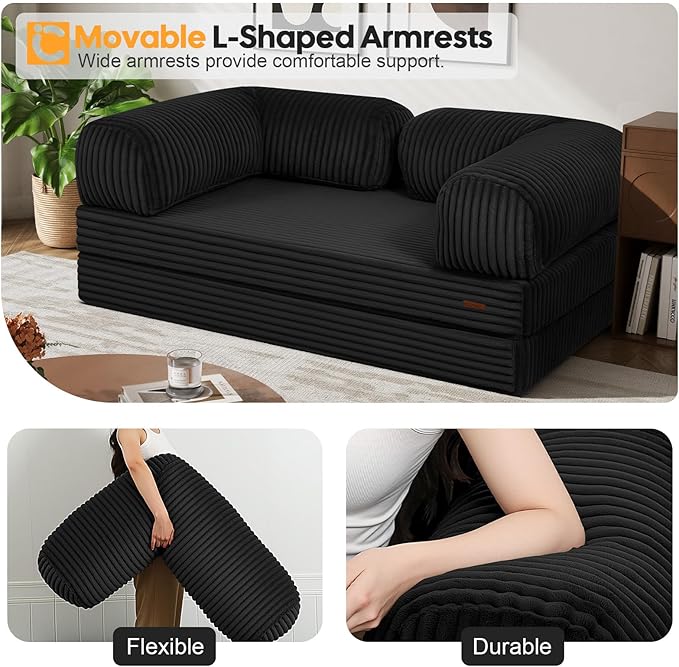 COMAX Futon Sofa Bed, 4-in-1 Floor Foldable Sofa Couch Bed Queen with L-Shaped Armrests, Convertible Folding Chair Bed Sleeper Mattress Fold Out Comfy Lounge for Living Room Bedroom, Faux Fur Black