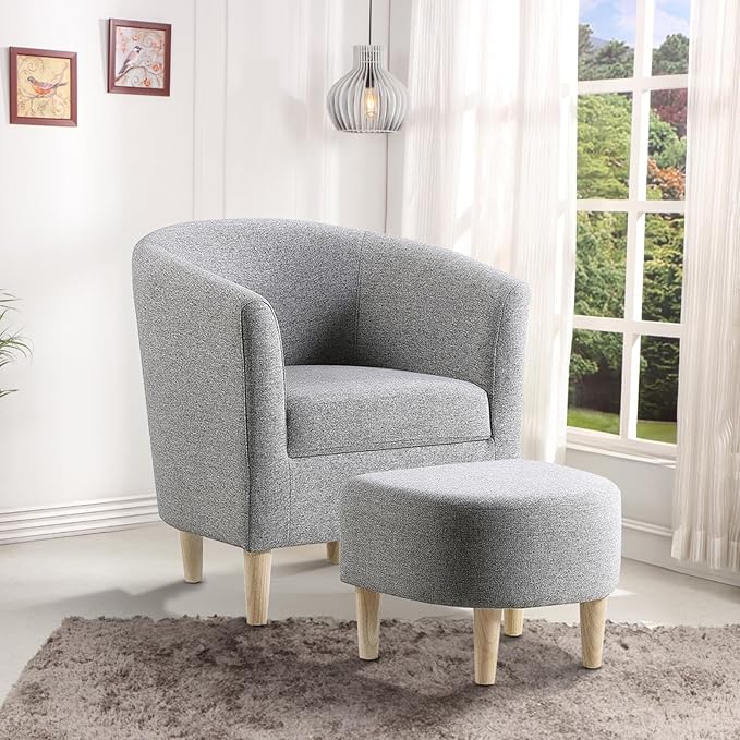 DAZONE Accent Chair with Ottoman, Mid Century Modern Barrel Comfy Fabric Armchair and Footrest Set, Upholstered Club Tub Round Arms Chair for Living Room Bedroom Reading Room, Grey