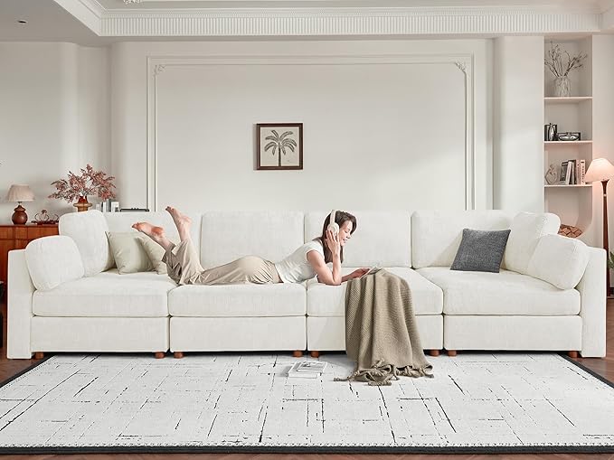 CUGOAO 188.7'' Modular Sectional Sofa, Oversized U-Shaped Sectional Couch with Ottoman, Deep Seat Chenille Cloud Couch, Mordern Upholstered Couches for Living Room, Apartment, Office, Beige