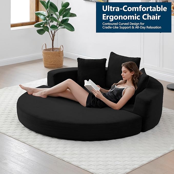 67" Round Convertible Folding Sofa Bed, Boneless Couch Loveseat, Floor Sleeper Chaise Lounge for Living Room, Apartment, Dorm, Small Spaces, Black