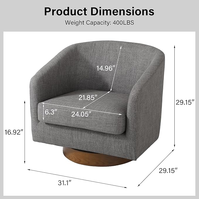 Swivel Barrel Chair, Modern Round PU Leather Accent Armchair for Living Room, Bedroom, Oversized Comfy Club Reading Chairs for Adults (Fabric Grey, Set of 2)