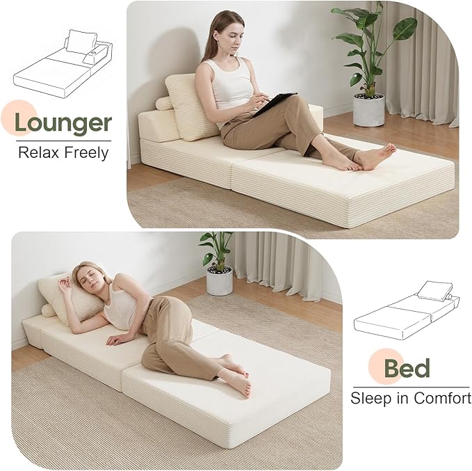 COMAX Folding Sofa Bed, Foldable Couch for Bedroom, Corduroy Convertible Floor Sleeper Futon Chair Foam, 3 in 1 Fold Out Chair Portable Comfy Lounge Couch Single Sofa Bed for Small Space Guest Room