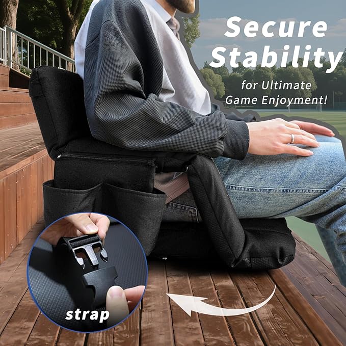 Stadium Seats with Back Support,Wide Stadium Chairs with Back and Cushion, Sofa Style Stadium Seats, 6 Reclining Positions, Extra Thick Bleacher Seat for Sports Events (Black-1 Pack, Wide|22.5")