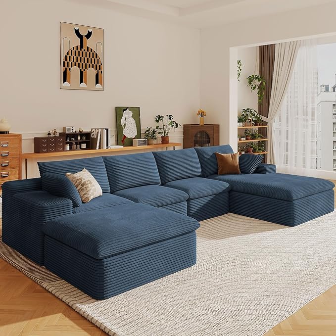 136" Cloud Sectional Couch with U-Shaped Chaise,Corduroy Viral Boneless Sofa with Ottoman,Memory Foam Couches in a Box with Deep Seat for Living Room,No Assembly Required (Blue,Left-Facing Chaise)