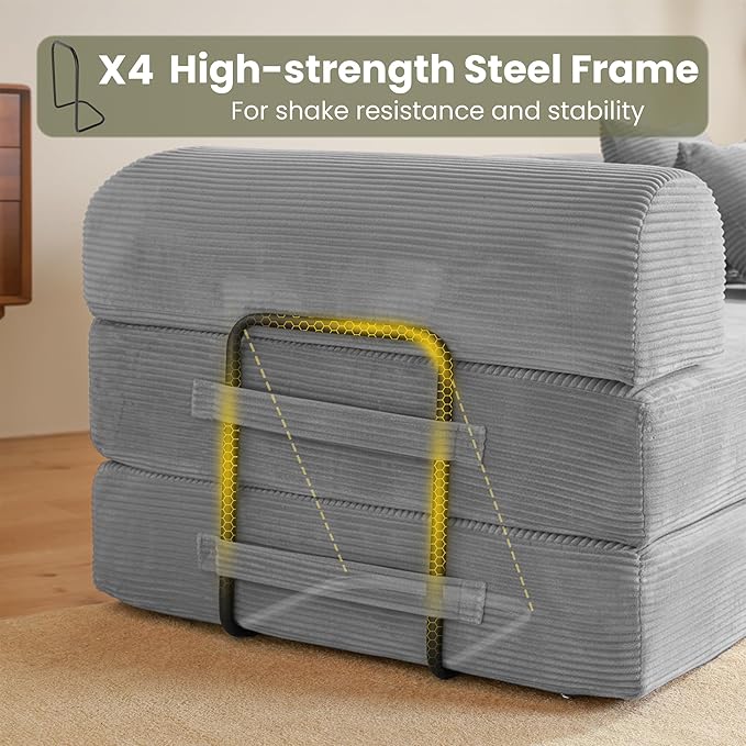79" Convertible Sofa Bed, Boneless Corduroy Sleeper Foldable Modular Couch, Memory Foam Compressed Sofa in A Box, Folding Mattress Floor Couch for Small Space Living Room Apartment Bedroom, Light Gray