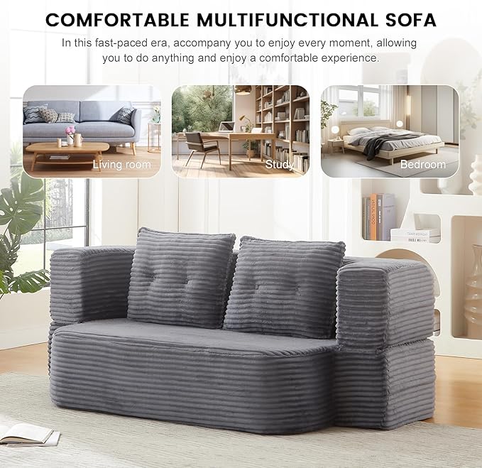 78.4" Convertible Sleeper Sofa Bed, Floor Couch Loveseat with Functional Blanket and 2 Soft Pillows,Corduroy Fabric Boneless Futon Couch for Living Room,Bedroom,Apartment (Dark Grey)