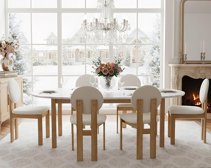Wahson Modern Wood Dining Chairs Set of 2, Farmhouse Beige Linen Kitchen Chairs with Round Back and Wooden Legs, Mid-Century Armless Upholstered Accent Chairs for Dining Room/Living Room/Restaurant