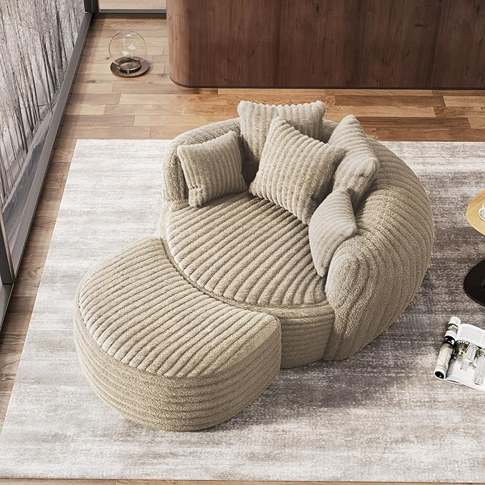 Oversized Chaise Lounge Chair Indoor with Ottoman 50.5" W x 67.0" D Round Soft Corduroy Comfy Oversized Reading Chair with 5 Pillows for Living, Reading Room - Camel