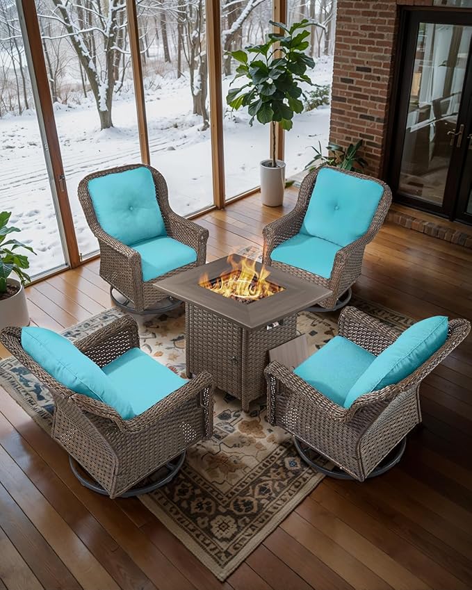 ACTREST Outdoor Patio Swivel Gliders with Fire Pit Table 5 Piece Set - High Back Brown Wicker Rattan Rocking Chair with Thick Cushion for Porch Apartment Deck Yard Poolside Garden - Turquoise